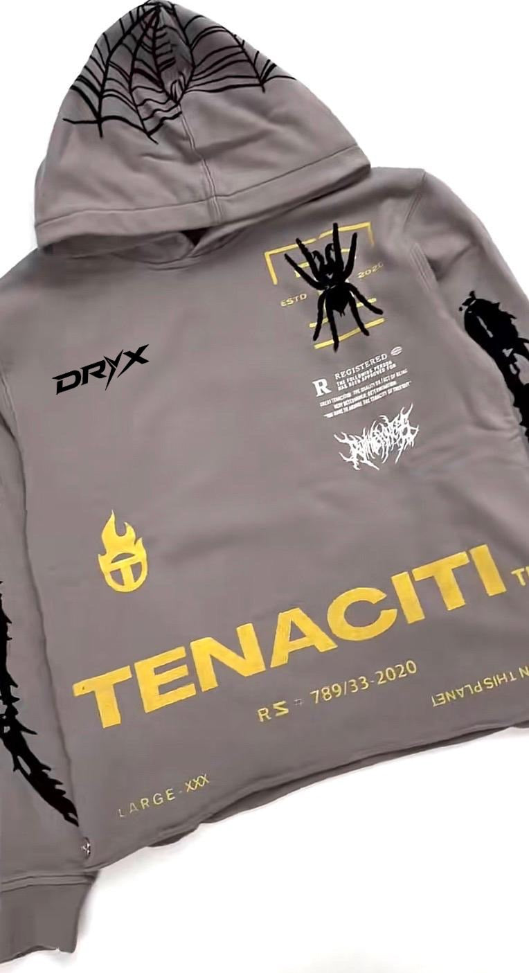 DRYX “Tenacity” Spider Web Graphic Hoodie – Grey/Yellow Edition